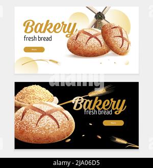 Realistic bread set of two horizontal banners with ornate text buttons and images of round bread vector illustration Stock Vector