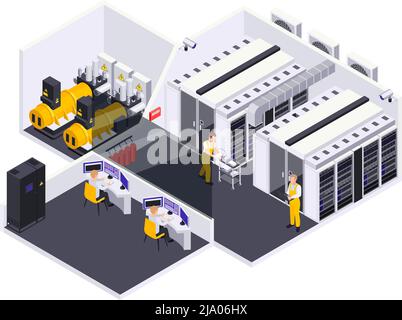 Data center facility interior isometric view with  computer network equipment server racks employees operators technicians vector illustration Stock Vector