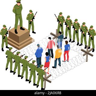 Political system isometric icon with soldiers surrounding dissidents behind barbed wire vector illustration Stock Vector