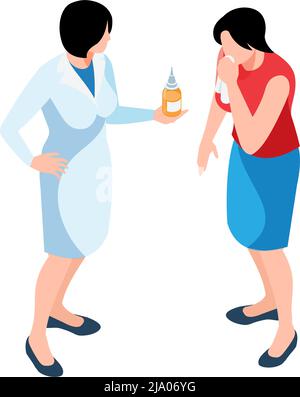 Isometric icon with pharmacist giving medication to ill woman vector illustration Stock Vector