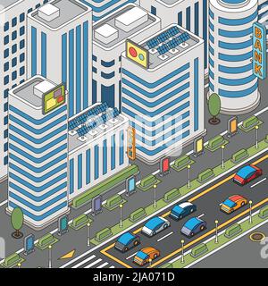 Coloring pages modern city composition with view of urban street with moving cars and tall buildings vector illustration Stock Vector