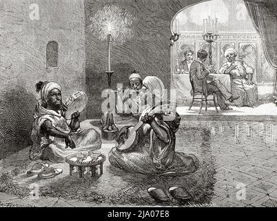 Music concert during a dinner in a 19th century Arab house. Tangier, Morocco. North of Africa. Morocco by Edmondo de Amicis 1875.  Le Tour du Monde 1879 Stock Photo
