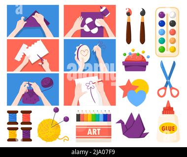 Handmade presents gifts creative art business stress relieving activities flat set with paper folding knitting painting vector illustration Stock Vector