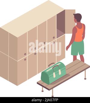 Gym cloakroom interior isometric icon with lockers bench and character of sportsman 3d vector illustration Stock Vector