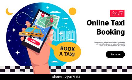 Online taxi booking using mobile devices app web page with hands holding smartphone horizontal banner vector illustration Stock Vector