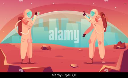 Space tourism flat composition with extraterrestrial base background with cityscape and characters of astronauts taking photos vector illustration Stock Vector