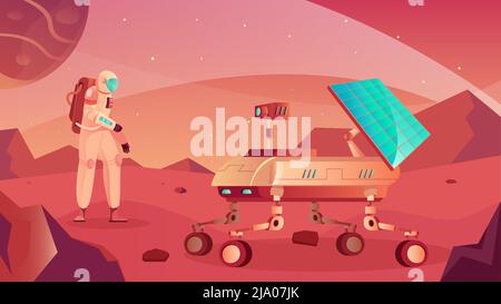 Moon rover flat composition with view of planetary surface with lunar roving vehicle and astronaut character vector illustration Stock Vector