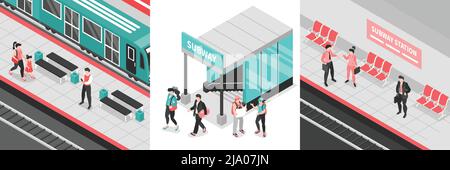 Isometric metro subway design concept with views of underground station areas with people entrance and platforms vector illustration Stock Vector