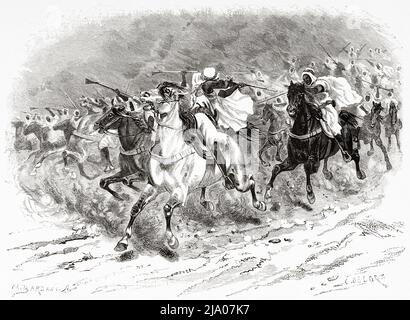 The Moroccan tradition of Fantasia. Lab al baroud. Unpowder game or Tbourida, is a stylized reenactment of a wartime cavalry charge, a celebration of the region's history and of the bond between horse and rider, Morocco. North of Africa. Morocco by Edmondo de Amicis 1875.  Le Tour du Monde 1879 Stock Photo