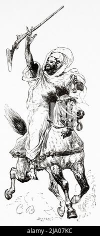 The Moroccan tradition of Fantasia. Lab al baroud. Unpowder game or Tbourida, is a stylized reenactment of a wartime cavalry charge, a celebration of the region's history and of the bond between horse and rider, Morocco. North of Africa. Morocco by Edmondo de Amicis 1875.  Le Tour du Monde 1879 Stock Photo