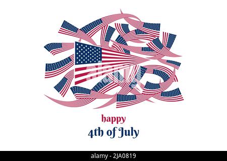 Group of waving American Flag isolated on white. 4th of July Independence Day concept. Flat vector illustration Stock Vector
