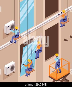 Isometric fitter composition with view of high building wall with workers installing windows and air conditioners vector illustration Stock Vector