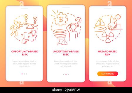 Risks types red gradient onboarding mobile app screen Stock Vector
