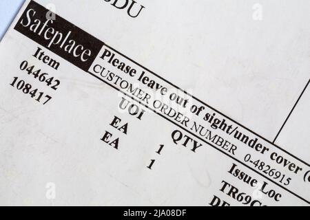 Safeplace please leave out of sight under cover information on label Stock Photo