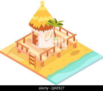 Tropical rest isometric icon with small thatched roof hut on seashore 3d vector illustration Stock Vector