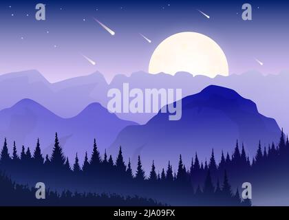 Minimalist landscape. Dark night forest, mountains, moon, shining stars and comets Stock Photo