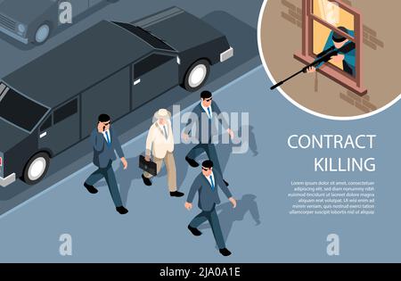 Isometric criminal horizontal background with images of sniper shooting rich gentleman surrounded by bodyguards with text vector illustration Stock Vector