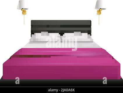 Realistic bed with two pillows bedcover and night lamps vector illustration Stock Vector