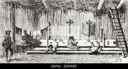 The stocks, instrument of torture that allows to punish mistakes, disobedience and resistance, town of La Laguna. Nariño Department, Colombia, South America. Journey through Equinoctial America 1875-1876 by Edward Francois Andre. Le Tour du Monde 1879 Stock Photo
