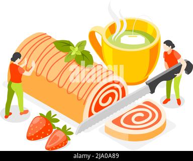 Bakery and people isometric concept with pastry and tea symbols vector illustration Stock Vector