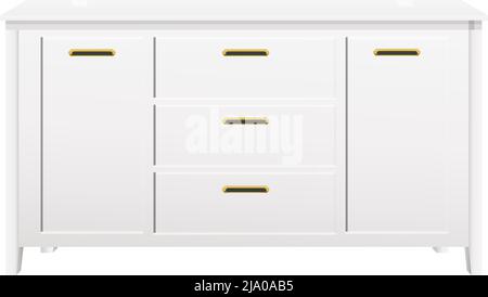 Realistic stylish white dresser with golden handles vector illustration Stock Vector