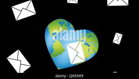 Image of emails floating over heart shaped globe on black background Stock Photo