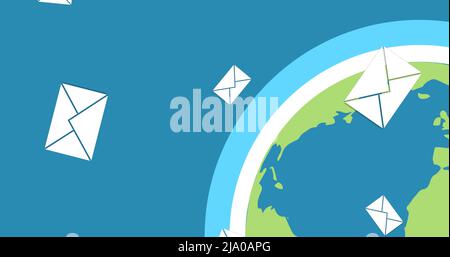 Image of emails floating over globe on blue background Stock Photo