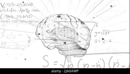 Image of digital brain and mathematical equations on white background ...
