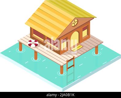 Tropical rest isometric icon with exotic overwater bungalow 3d vector illustration Stock Vector