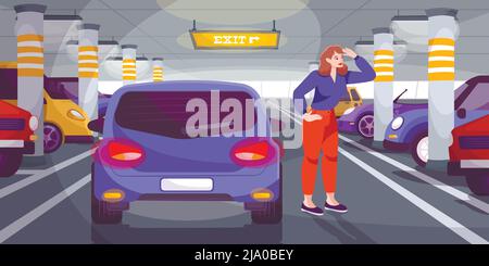 Underground parking flat composition with doodle character of driver looking for free slot among parked cars vector illustration Stock Vector