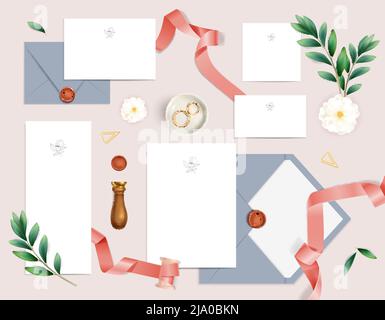 Romantic wedding invitation mockup set with blank cards envelopes seal flowers rings ribbons realistic isolated vector illustration Stock Vector