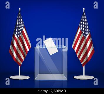 Usa elections realistic composition with images of transparent ballot box between american flags on blue background vector illustration Stock Vector