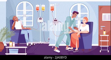 Oncological patients undergoing intravenous chemotherapy infusion cancer treatment administrated by male nurse flat composition vector illustration Stock Vector