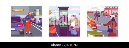 Parking set of flat compositions with outdoor and indoor views of parking lots cars and people vector illustration Stock Vector