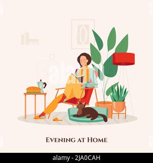 Woman in armchair spending evening with cat and book at her cozy home flat vector illustration Stock Vector