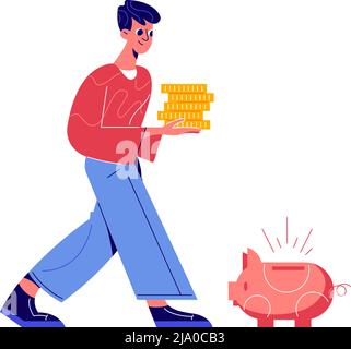 Crowdfunding composition with male character carrying stack of coins with piggy box vector illustration Stock Vector