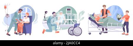 Oncology 3 flat compositions with chemotherapy treatment postoperative nursing care friends family visiting cancer patients vector illustration Stock Vector
