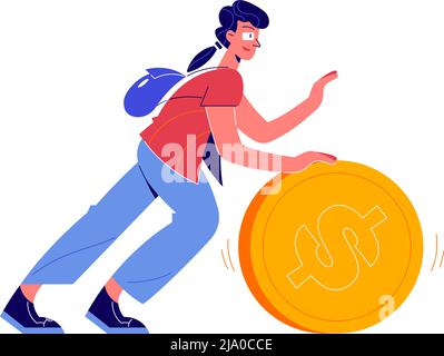 Crowdfunding composition with doodle character pushing big dollar coin vector illustration Stock Vector