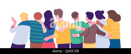 Hugging friend group. Back view people. Teamback colleagues cuddle. Young men and women characters in hugs. Happy persons standing in embrace Stock Vector