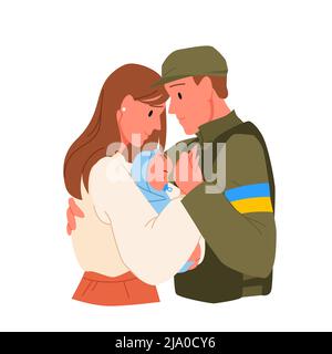 Ukrainian family, father, mother and kid standing together, soldier in camouflage uniform Stock Vector