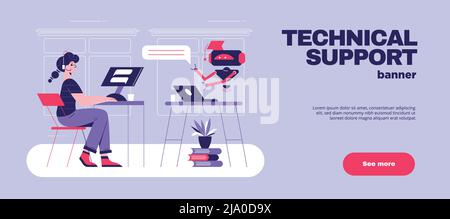 Artificial intelligence chatbot technical support software flat horizontal website banner with robot answering customer questions vector illustration Stock Vector