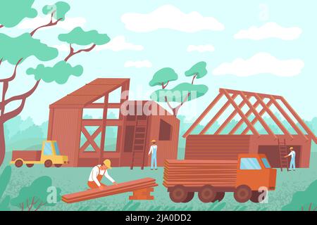 Construction of wooden house flat composition with outdoor landscape and builder characters with timber on truck vector illustration Stock Vector