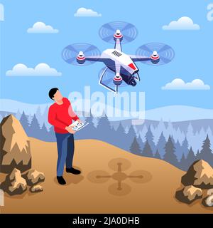 Isometric drone operator composition with wild outdoor landscape and man with remote device and flying quadcopter vector illustration Stock Vector