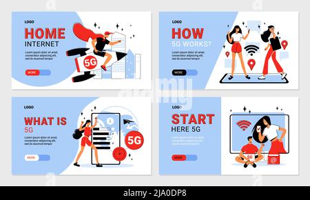 Set of flat home 5g internet horizontal banners with editable text people and electronic devices isolated vector illustration Stock Vector