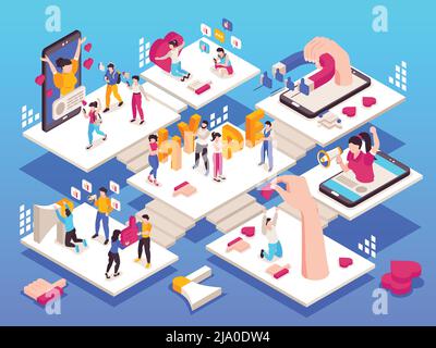 Social media hype isometric concept with bloggers followers and icons of likes 3d vector illustration Stock Vector