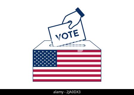 Hand putting voting paper in the ballot box with USA flag. Voting icon. vector illustration Stock Vector