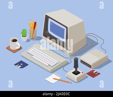 Retro devices isometric background with personal computer consisting from system unit monitor keyboard and attached joystick vector illustration Stock Vector