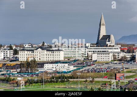 Reykjavik, Iceland, April 25, 2022: View from Öskjuhlíð hill towards the city centre, with the iconic Hallgrimmskirkja and the National Hospital Stock Photo