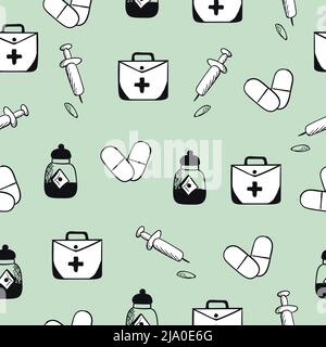 Pet medicine, seamless pattern on light green background Stock Vector