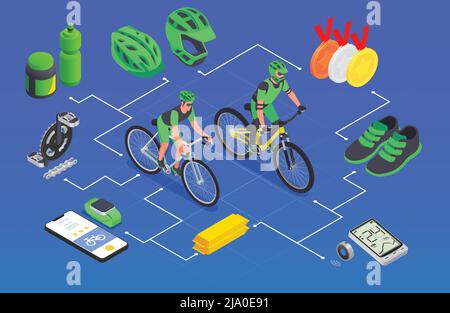 Sport cycling isometric composition with flowchart of bike riders equipment with smartphone trackers and award medals vector illustration Stock Vector